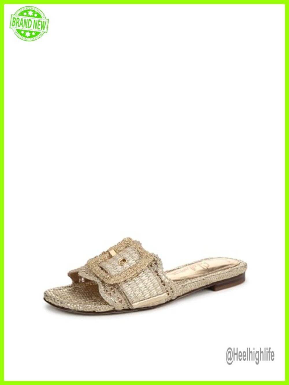 Raffia Slide Sandals with Oversized Resin Buckle, Flat Slip-On Sandals for